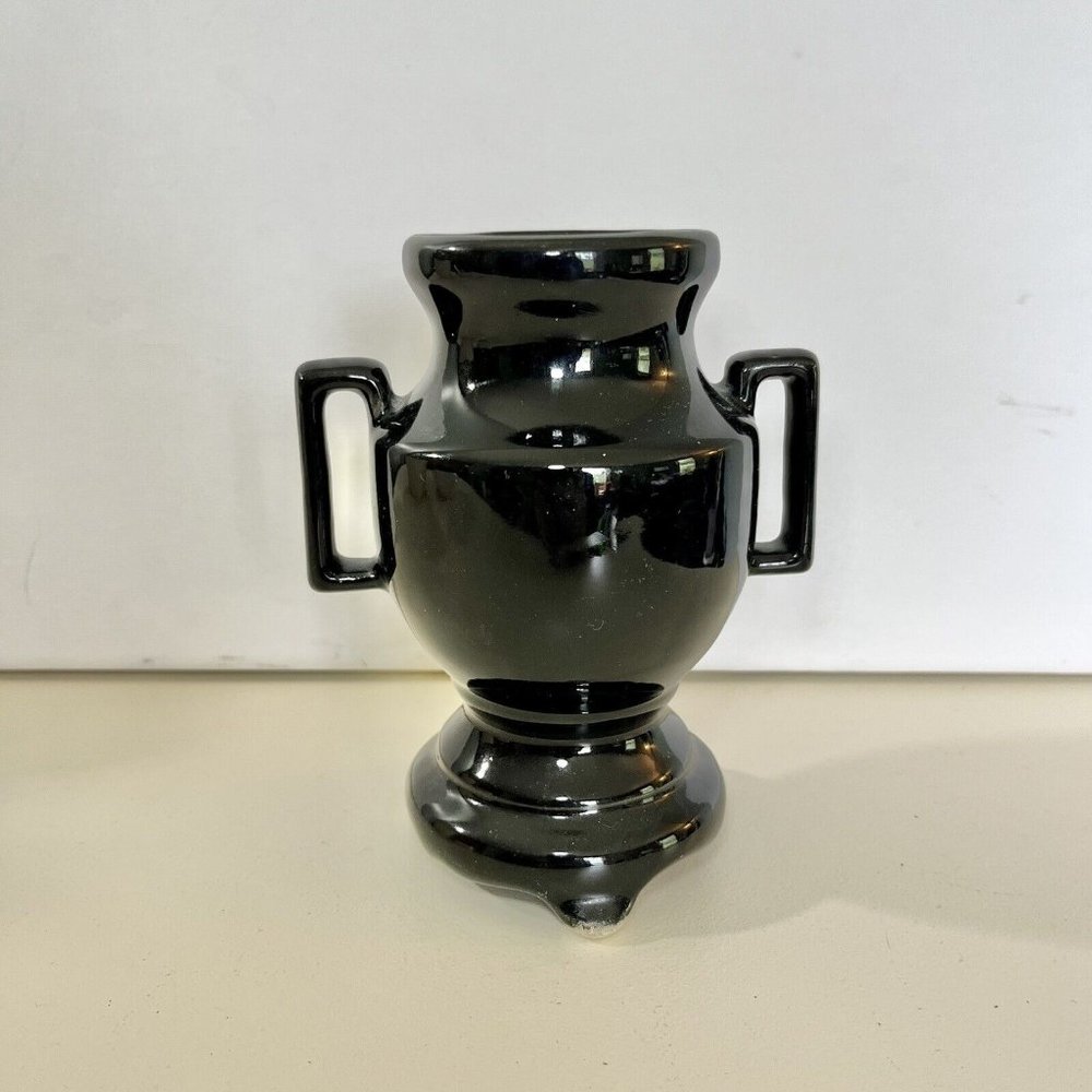 6” Black Vintage  Ceramic Urn Vase With Handles